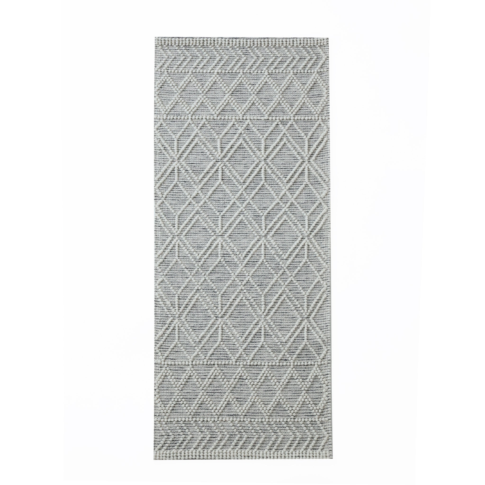 The RAMSHA HOME Wool & Cotton Living Room Woven Rug SRN-019 is a rectangular grey rug with textured diamond and line patterns, featuring intricate woven wool and cotton details for depth and visual interest.