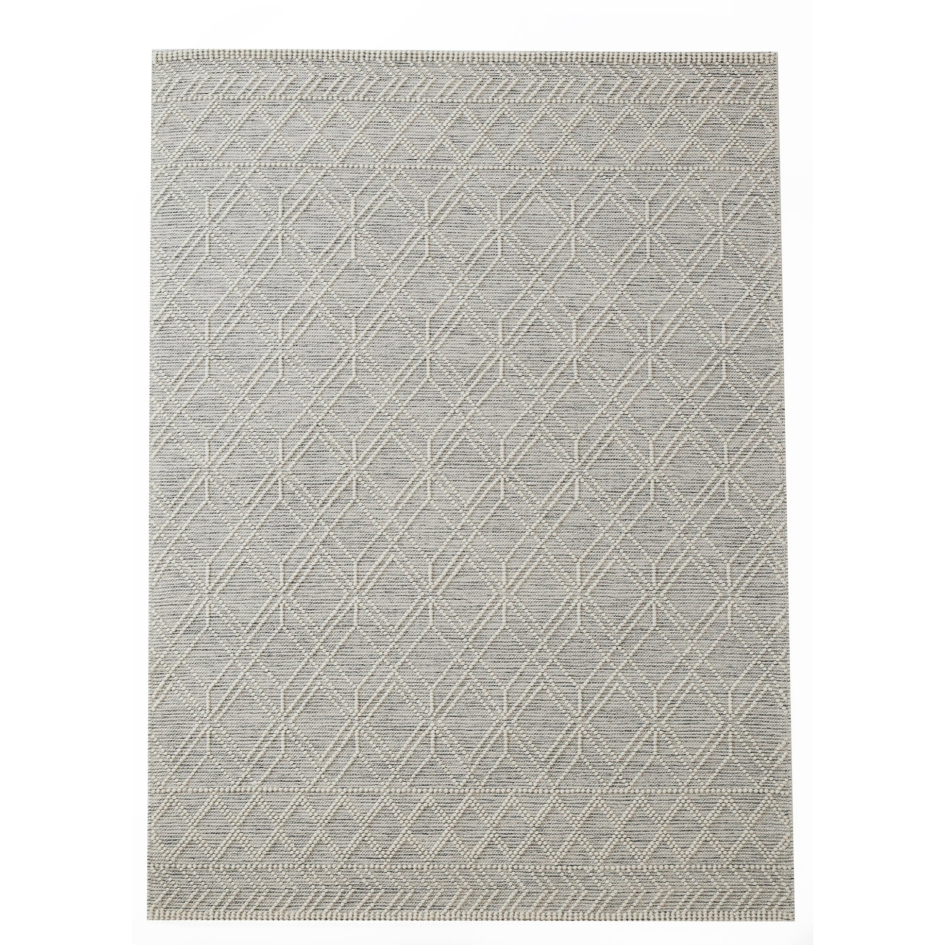 The RAMSHA HOME Wool & Cotton Living Room Woven Rug SRN-019 is a rectangular grey rug with subtle diamond and chevron patterns, textured details, and a thin border—crafted for style and durability.