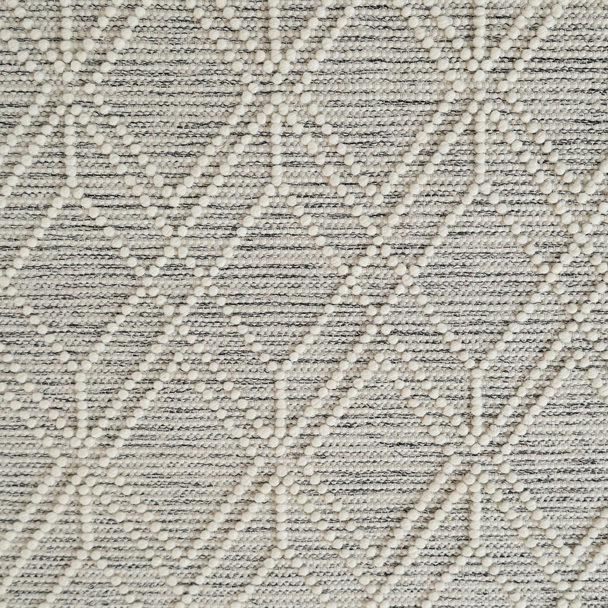 Close-up of the RAMSHA HOME Wool & Cotton Living Room Woven Rug SRN-019, showcasing its grey geometric design with raised cream dots forming interlocking diamonds on a textured, woven wool and cotton background.