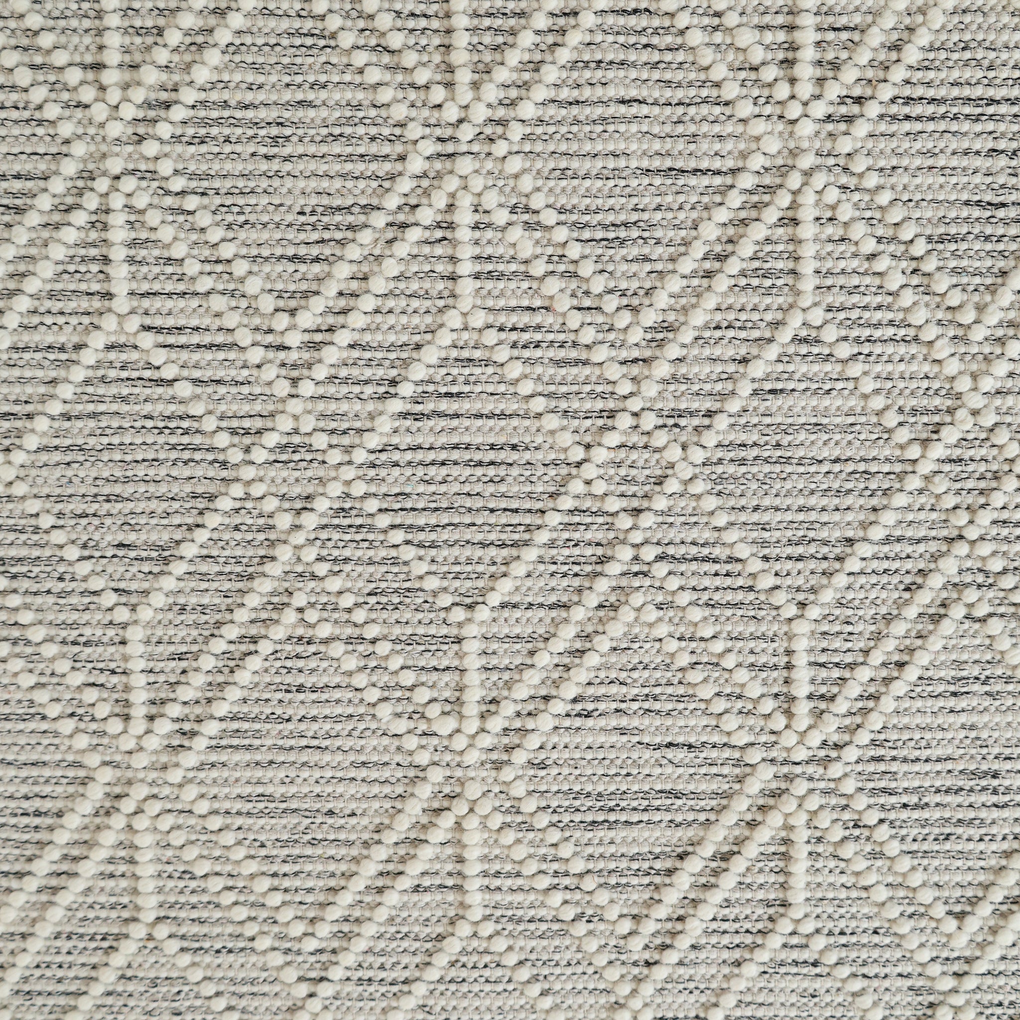 Close-up of the RAMSHA HOME Wool & Cotton Living Room Woven Rug SRN-019, showcasing its grey geometric design with raised cream dots forming interlocking diamonds on a textured, woven wool and cotton background.