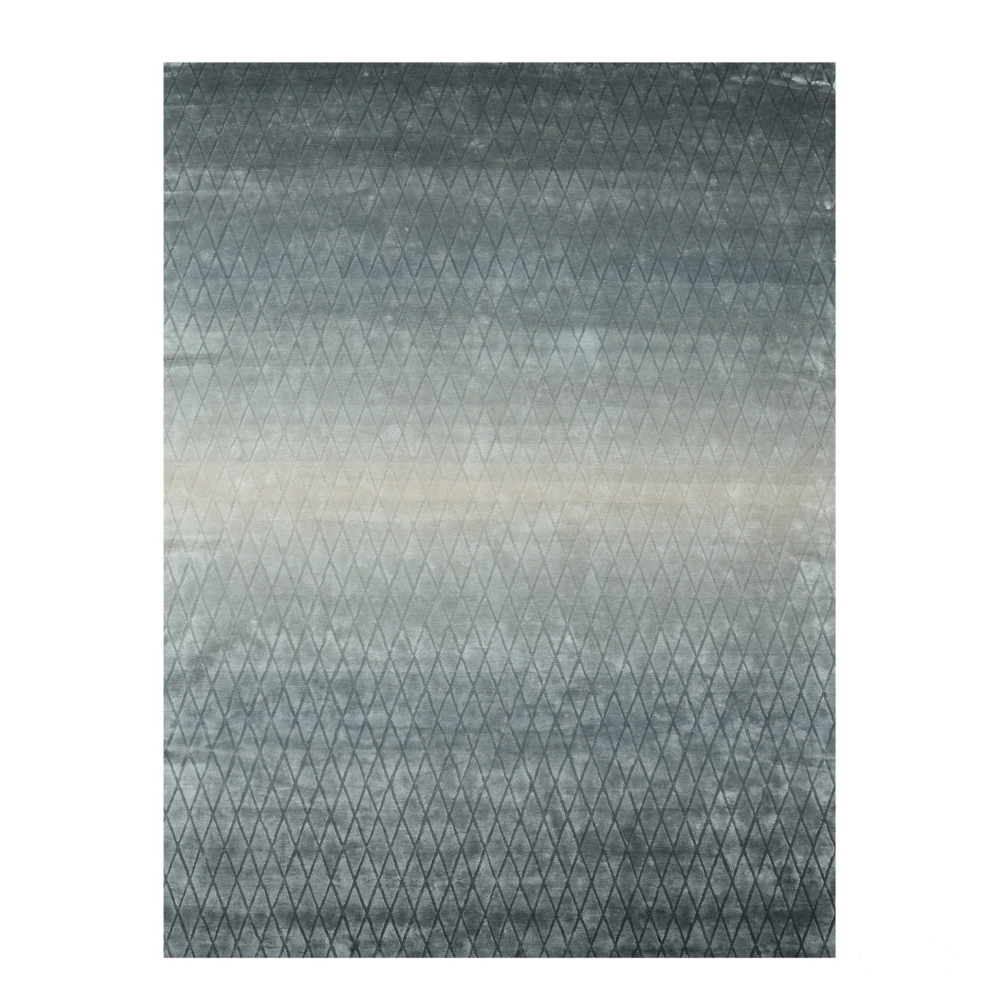 The RAMSHA HOME Steel Diamond Handmade Rug HTV 28 (300x400 cm) features a rectangular Tencel design with a dark gray-to-light beige gradient and a repeating pattern of small overlapping diamonds.