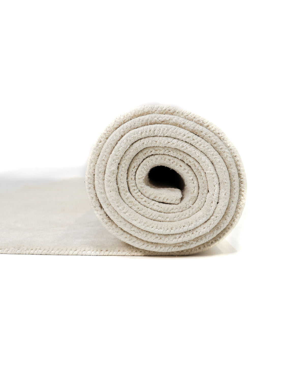 A rolled-up Rectangle Home Decor Cream Color Handmade Area Rug (300x400 cm, RAMSHA HOME, Model: LKH-045) is displayed on a white background, with the roll facing the camera to showcase its neatly prepared appearance.