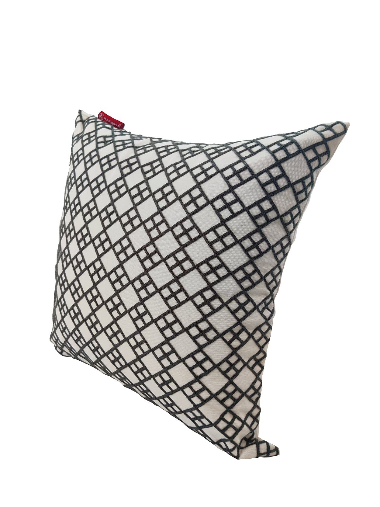 The RAMSHA HOME White And Grey Embroidery Cotton Cushion CS-262 features a square design with geometric embroidery and a small red fabric tag, shown against a plain white background.