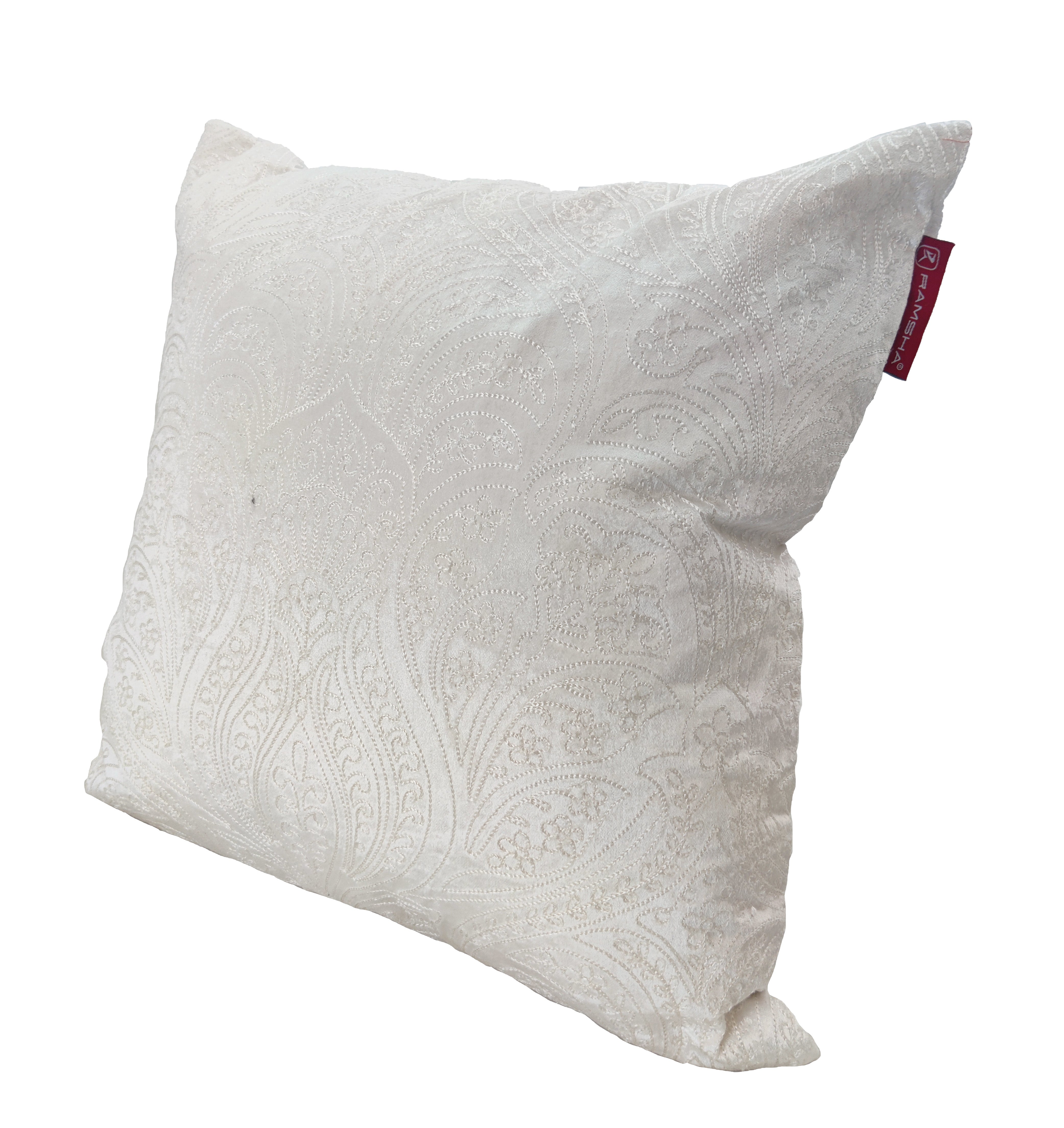 The RAMSHA HOME White Embroidery Cushion CS-266 features a subtle paisley pattern, soft cotton blend fabric, and a red side tag, all set against a plain white background.