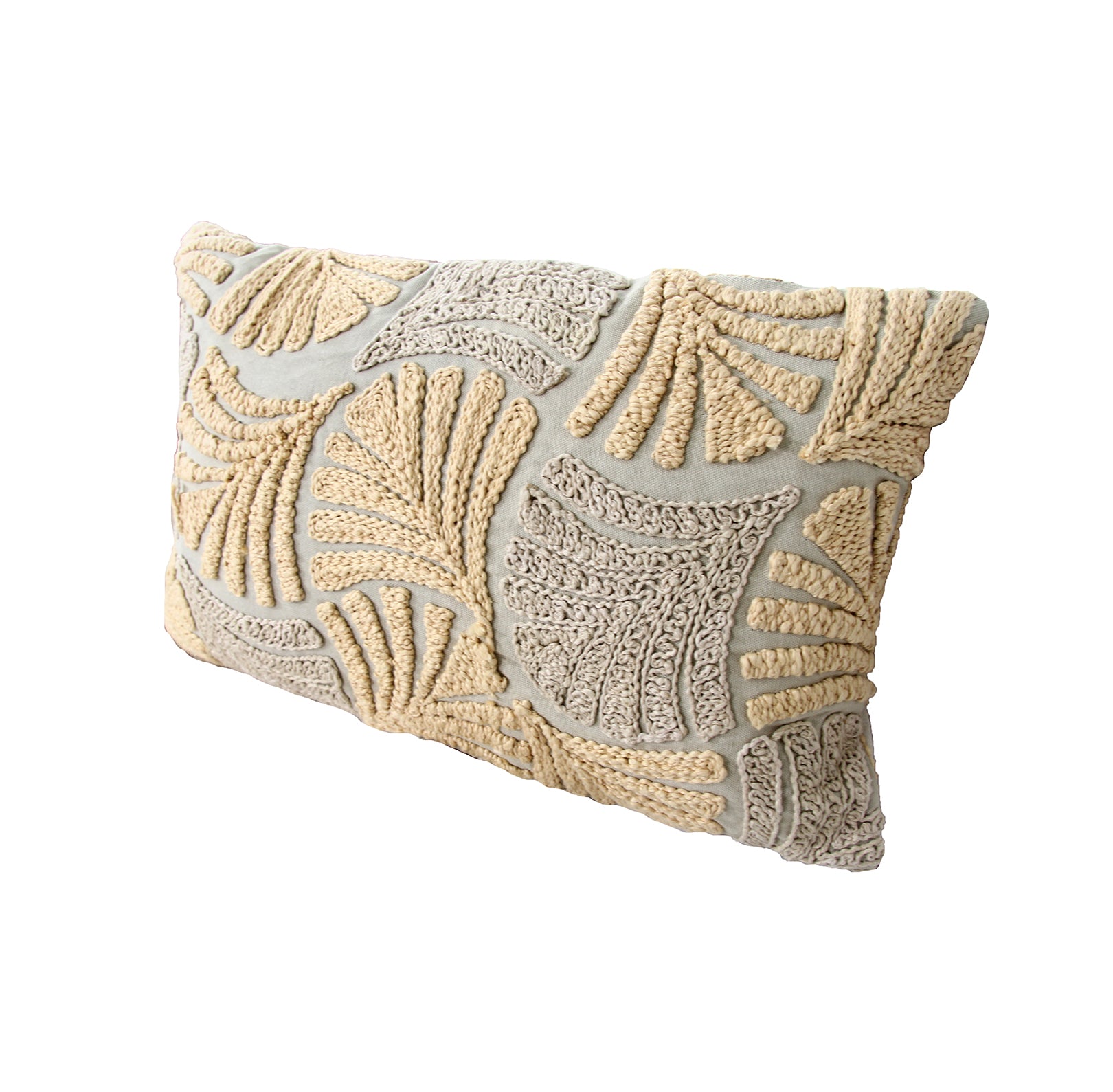 The RAMSHA HOME Multi Color Embroidery Cotton Cushion CS-263 features a light gray base with beige and tan textured, fan-shaped embroidery—an elegant decorative pillow for any space.