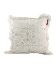 The RAMSHA HOME White & Silver Color Cushion CS-125 is a modern square polyester pillow with a subtle geometric pattern, fluffy edges, and a small red tag on one side, shown against a plain white background.