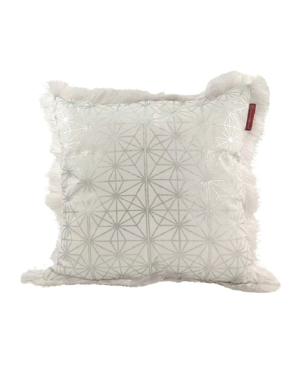The RAMSHA HOME White & Silver Color Cushion CS-125 is a modern square polyester pillow with a subtle geometric pattern, fluffy edges, and a small red tag on one side, shown against a plain white background.