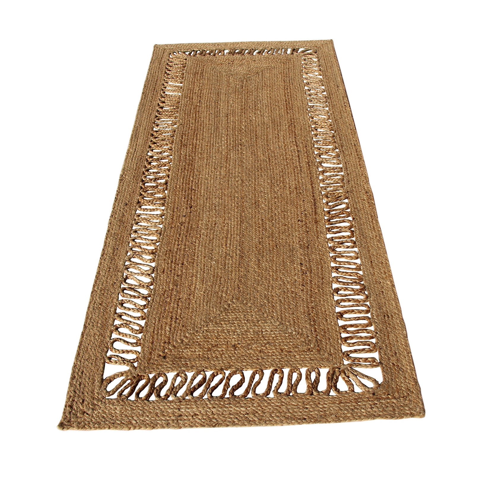 The RAMSHA HOME Beautiful Natural Braided Rug - BR 069 is a rectangular woven jute rug in natural tan, with a braided border and looped fringe—ideal as a stylish natural decor piece for any room.