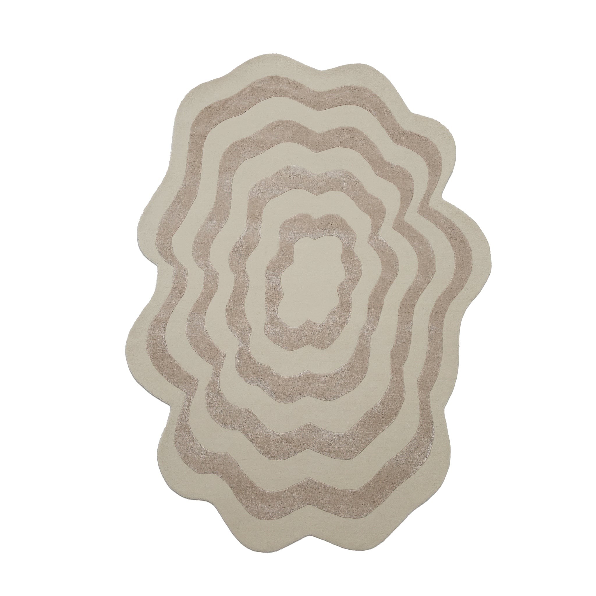 The RAMSHA HOME Beige & Cream Wavy Handmade Area Rug – HTWV-144 is a hand-tufted viscose rug with irregular shapes and wavy, concentric beige stripes, creating a neutral abstract look inspired by organic layers.
