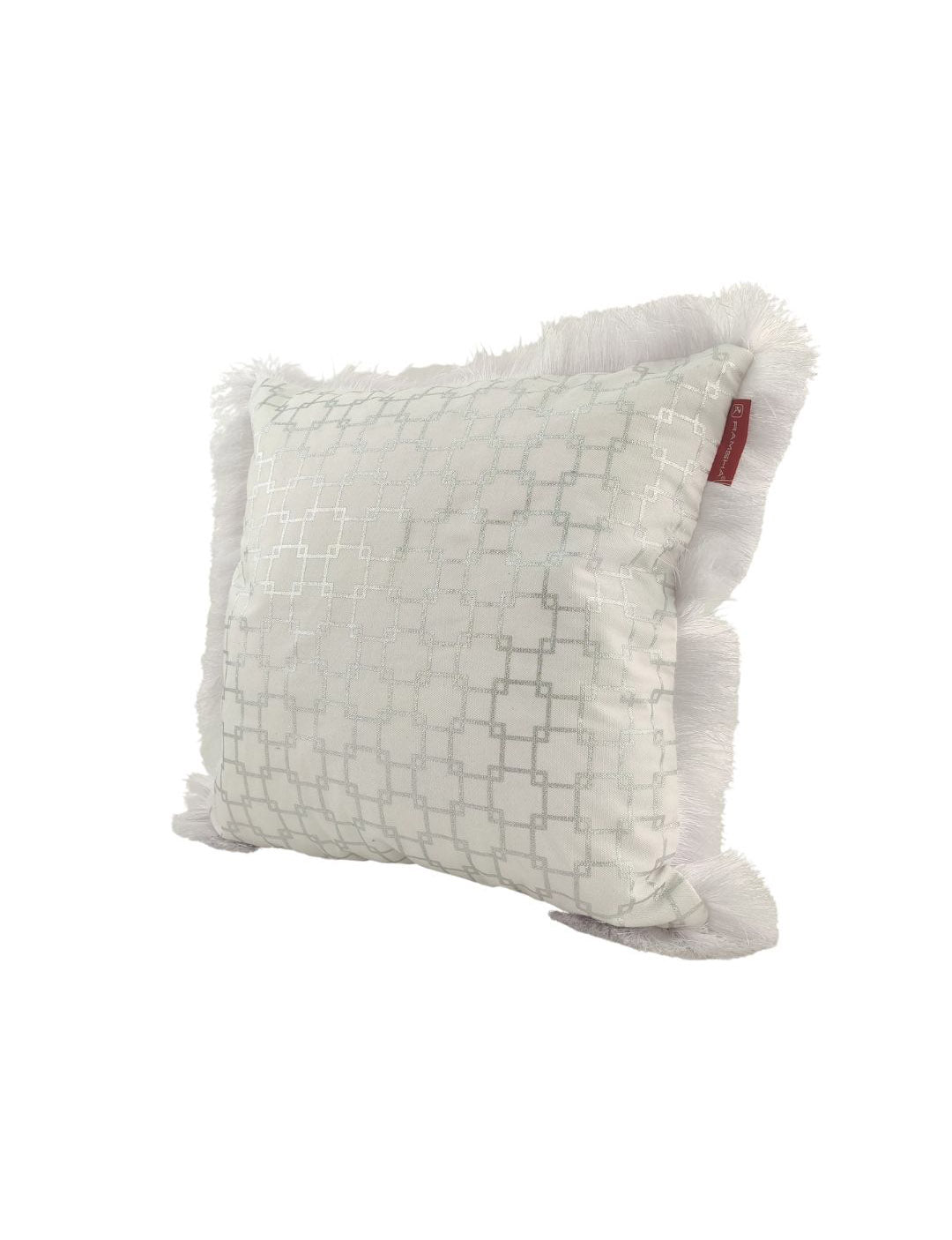 The CS-126 Polyester Cushion by RAMSHA HOME is a square decorative pillow with a light geometric pattern, fringed edges, and a red fabric tag. Perfect for adding charm to your décor, it's shown here against a white background.