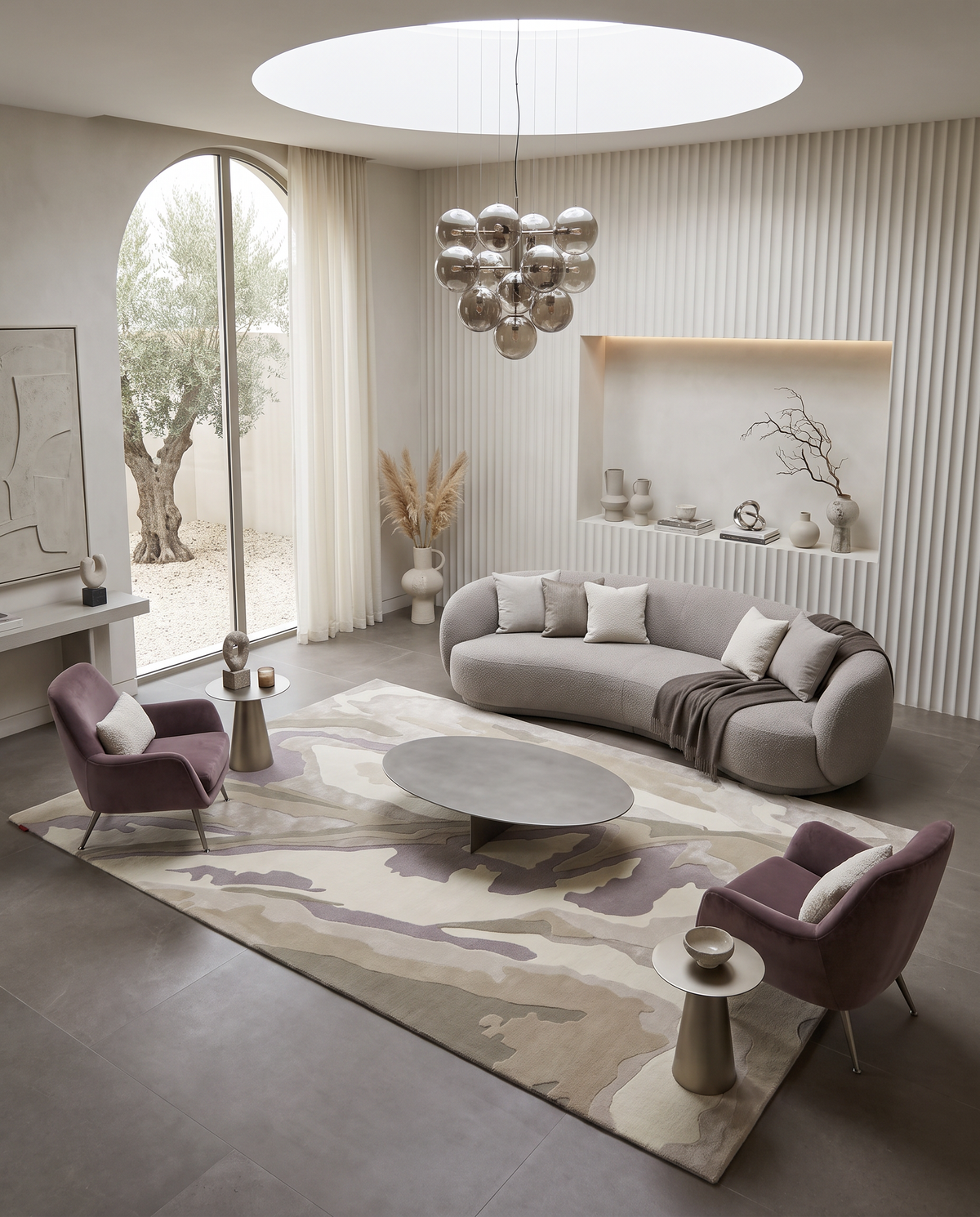 A modern living room features a round skylight, a curved gray sofa, and two mauve chairs. The space is anchored by the RAMSHA HOME Abstract Wool & Viscose Handmade Carpet 200x300 – HTWV-179, adding an elegant touch. Built-in shelves and decorative plants enhance the cozy atmosphere, while a large window offers views of an outdoor tree and white stone garden.
