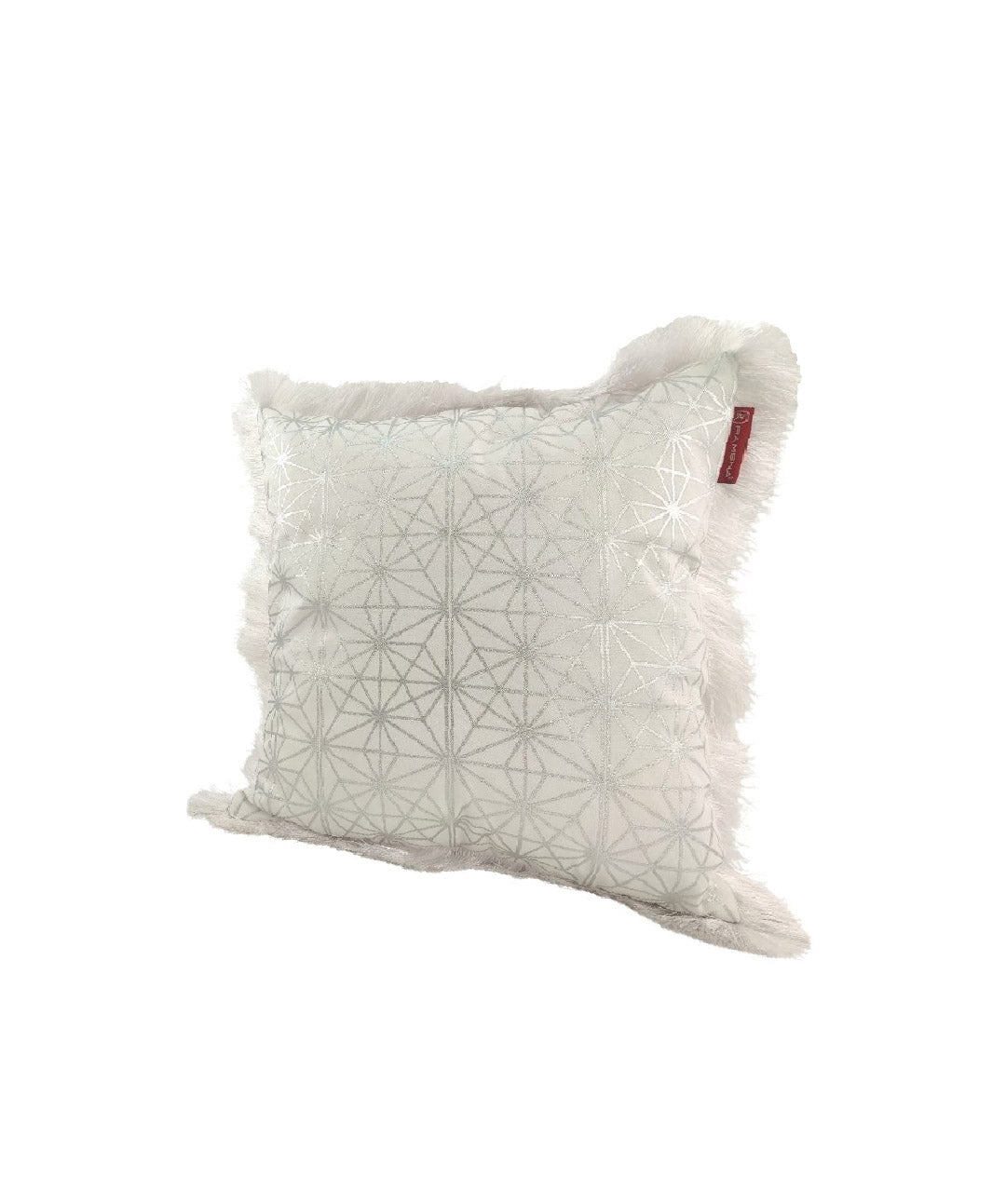 The RAMSHA HOME White & Silver Color Cushion CS-125 features a modern geometric design, fluffy edges, and a small red tag. Made from polyester, it offers stylish comfort and is displayed on a plain white background.