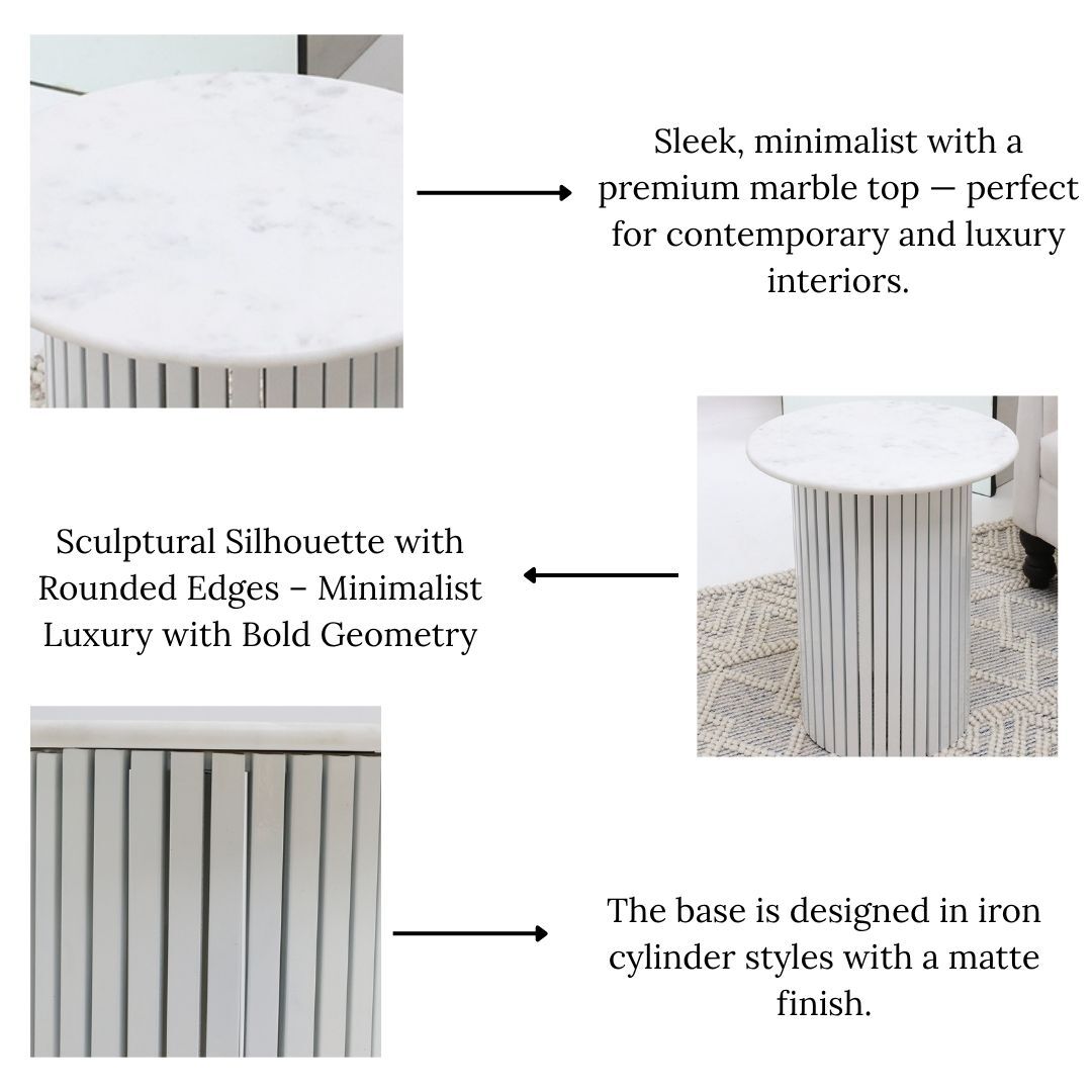 The RAMSHA HOME Modern White Marble Center Table AD23-12 features a sculptural base of vertical iron cylinders, blending sleek minimalism and luxury—an ideal modern accent for any space, shown in detailed close-up and room settings.
