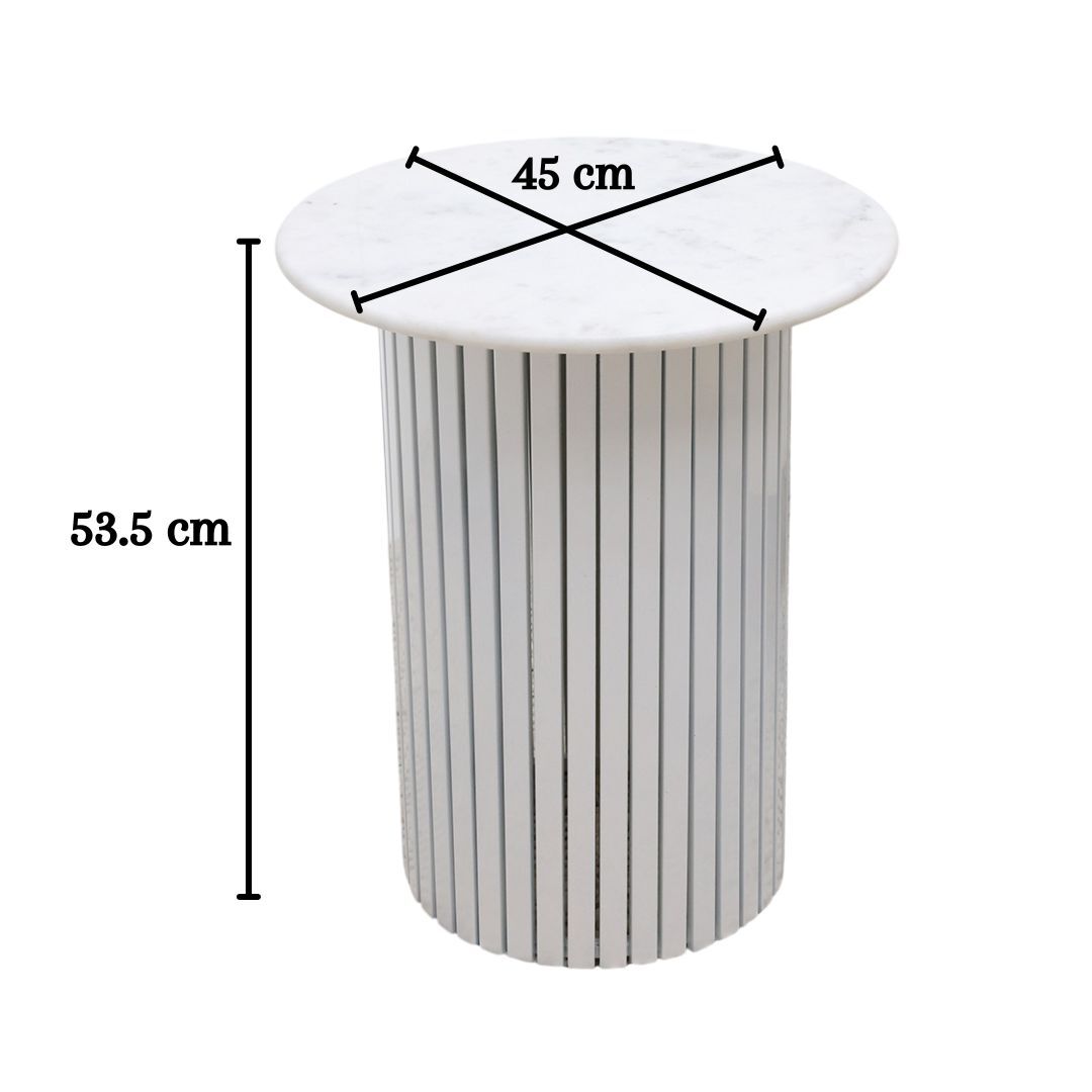 The Modern White Marble Center Table AD23-12 by RAMSHA HOME features a round top with vertical stripes on its cylindrical base. This accent table is 53.5 cm high and 45 cm in diameter, shown with black measurement lines and labels.