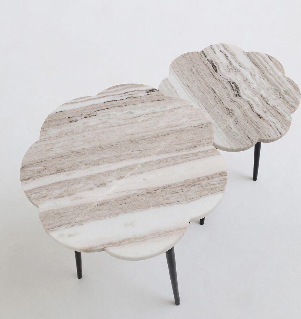RAMSHA HOME’s CloudForm Nesting Marble Tables for living room feature two modern side tables with cloud-shaped white marble tops and thin black legs, showcasing natural beige and white stripes, set against a white background.