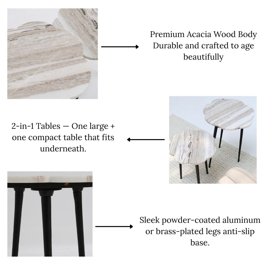 The RAMSHA HOME CloudForm Nesting Marble Tables for Living Room feature a stylish 2-in-1 design with marble tops and metal anti-slip bases. The larger table lets you nest the smaller one underneath for modern, space-saving elegance.