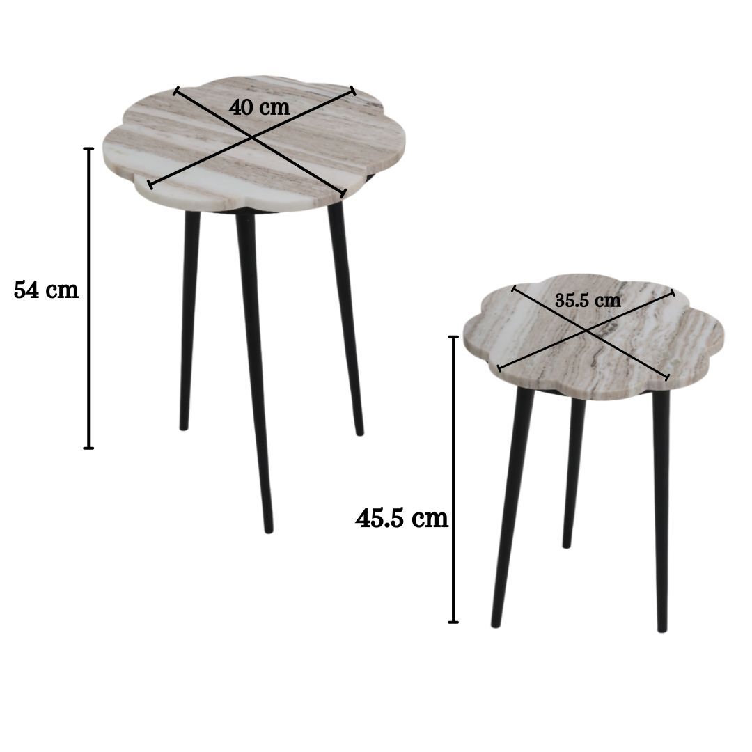 The RAMSHA HOME CloudForm Nesting Marble Tables feature two round, white marble side tables with black legs: the larger measures 54cm high by 40cm wide; the smaller is 45.5cm high by 35.5cm wide—ideal for modern living rooms.
