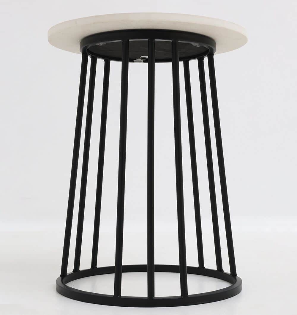 The RAMSHA HOME Linea Round Marble Accent Table features a white marble top and a black metal base with vertical bars in a sleek circular pattern.