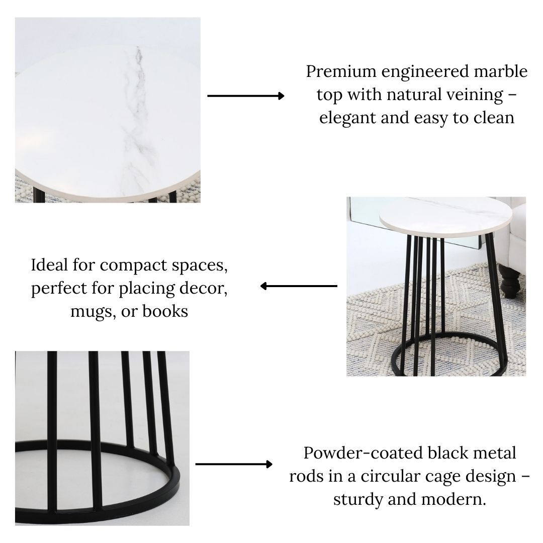 The RAMSHA HOME Linea Round Marble Accent Table features a white marble top, black metal rod base, and cage design. Compact and sturdy, this stylish table is easy to clean and perfect for modern spaces.