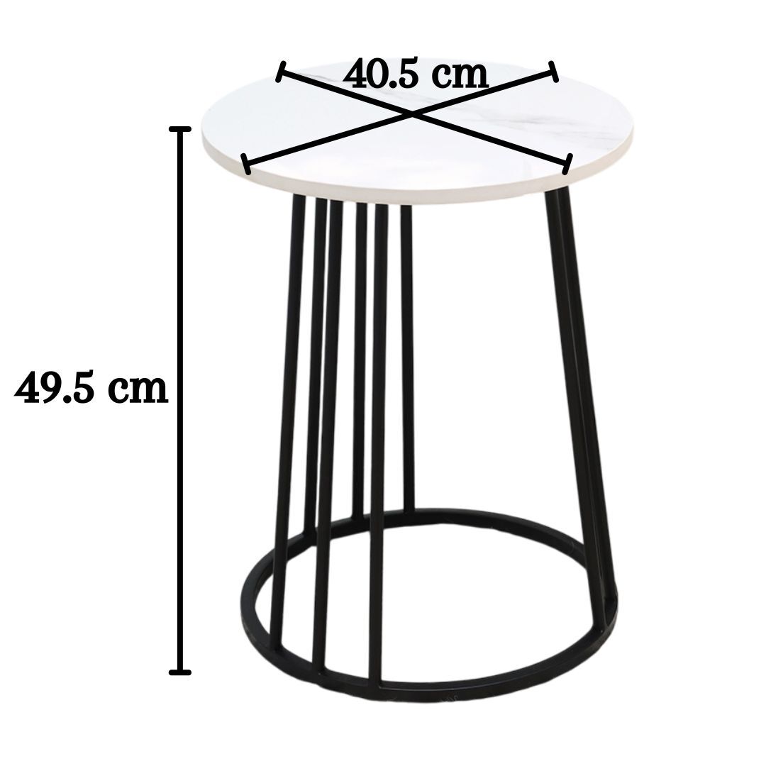 The RAMSHA HOME Linea Round Marble Accent Table features a modern design with a white marble top (40.5cm diameter) and black metal legs, standing 49.5cm tall—perfect as a stylish side table for any living space.