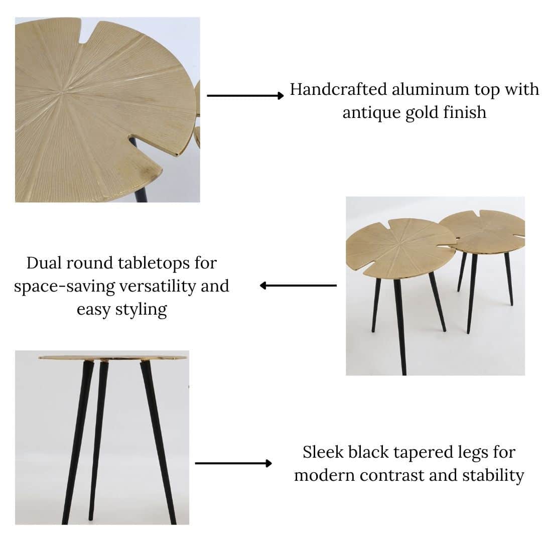 The RAMSHA HOME Lily Luxe Aluminum Accent Tables set includes two modern nesting tables with round gold aluminum tops and black tapered legs, offering a handcrafted finish, space-saving design, and striking contrast.