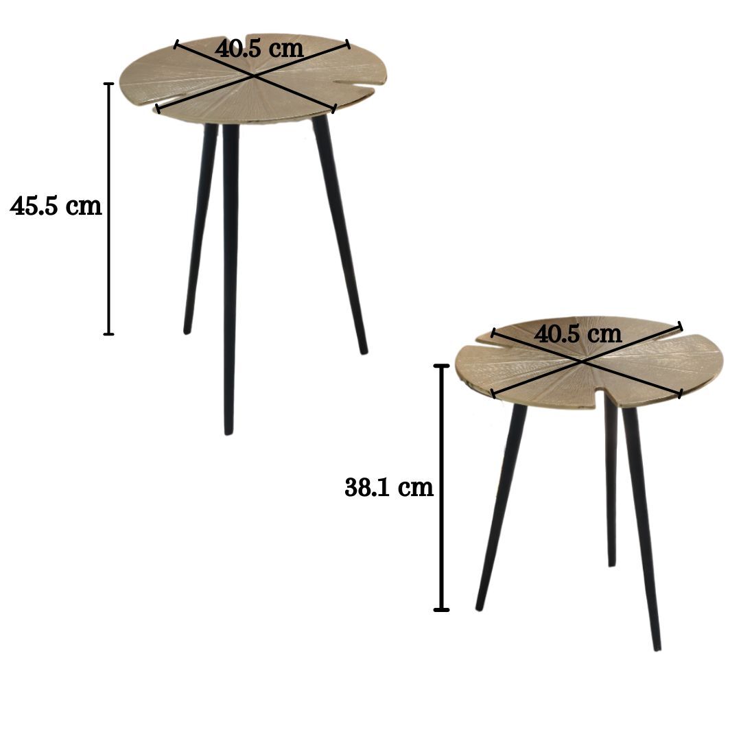 The RAMSHA HOME Lily Luxe Aluminum Accent Tables set includes two nesting tables with 40.5 cm round wooden tops and three black legs; the larger table is 45.5 cm tall, the smaller is 38.1 cm, both shown with measurement lines and labels.