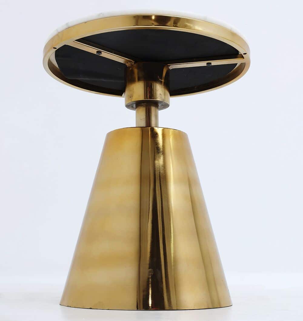 The RAMSHA HOME Aurelia Luxe Marble & Iron Accent Table AD25-26 features a modern round marble top and shiny gold conical base, shown from below against a plain white background.