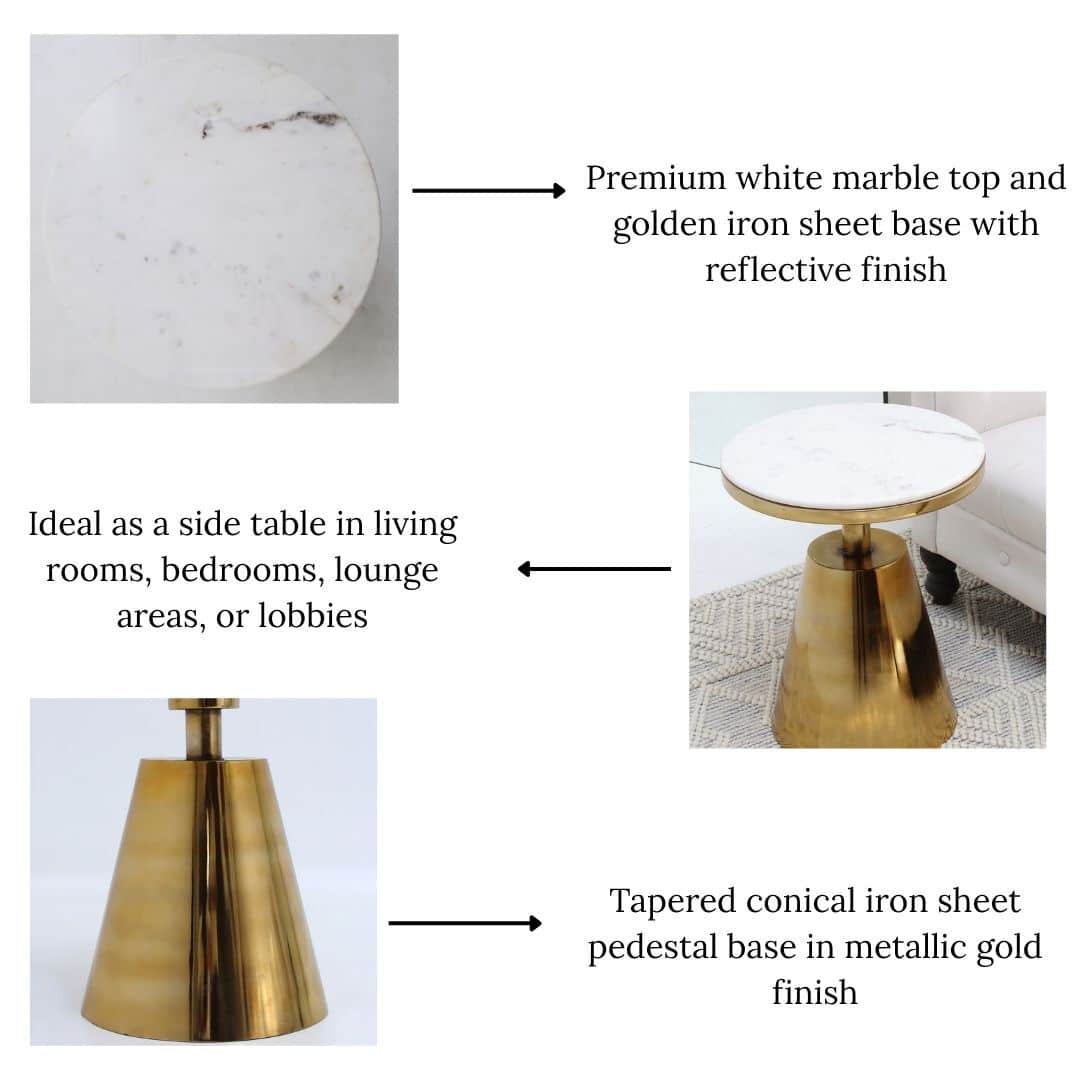 The RAMSHA HOME Aurelia Luxe Marble & Iron Accent Table AD25-26 features a round white marble top and tapered gold iron base, making it perfect for living rooms, bedrooms, lounges, and lobbies.