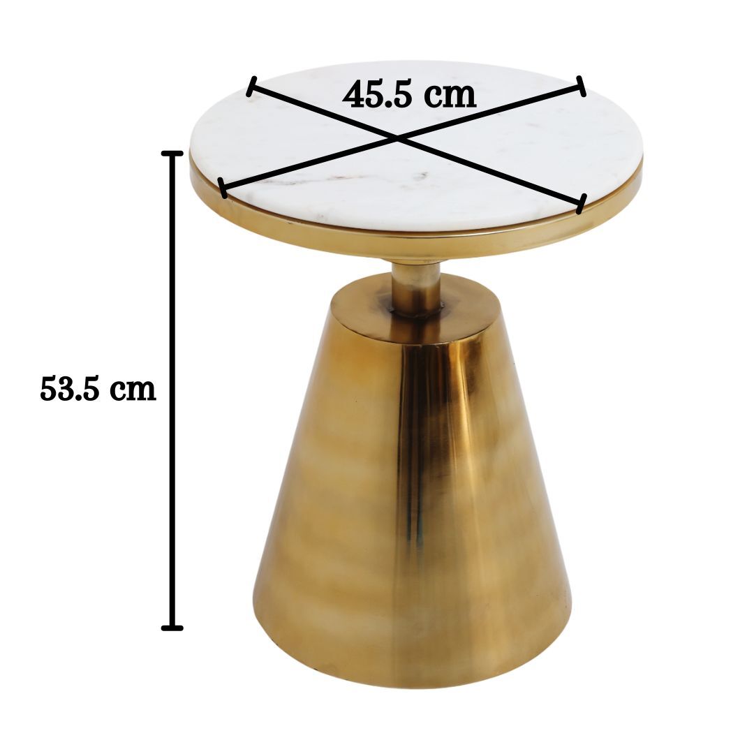 The RAMSHA HOME Aurelia Luxe Marble & Iron Accent Table AD25-26 features a 45.5 cm round white marble top, a gold conical iron base, and stands 53.5 cm tall. Dimensions are clearly shown in the image for reference.