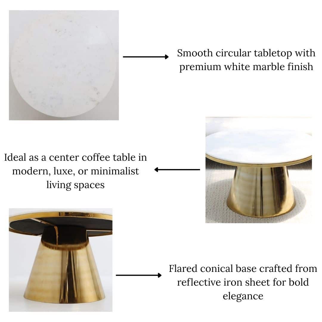 Three images highlight the Aurelia Luxe Marble & Iron Accent Table AD25-27 from RAMSHA HOME, featuring a round white marble top and reflective brass-finished base—an elegant, modern piece ideal for minimalist living spaces.