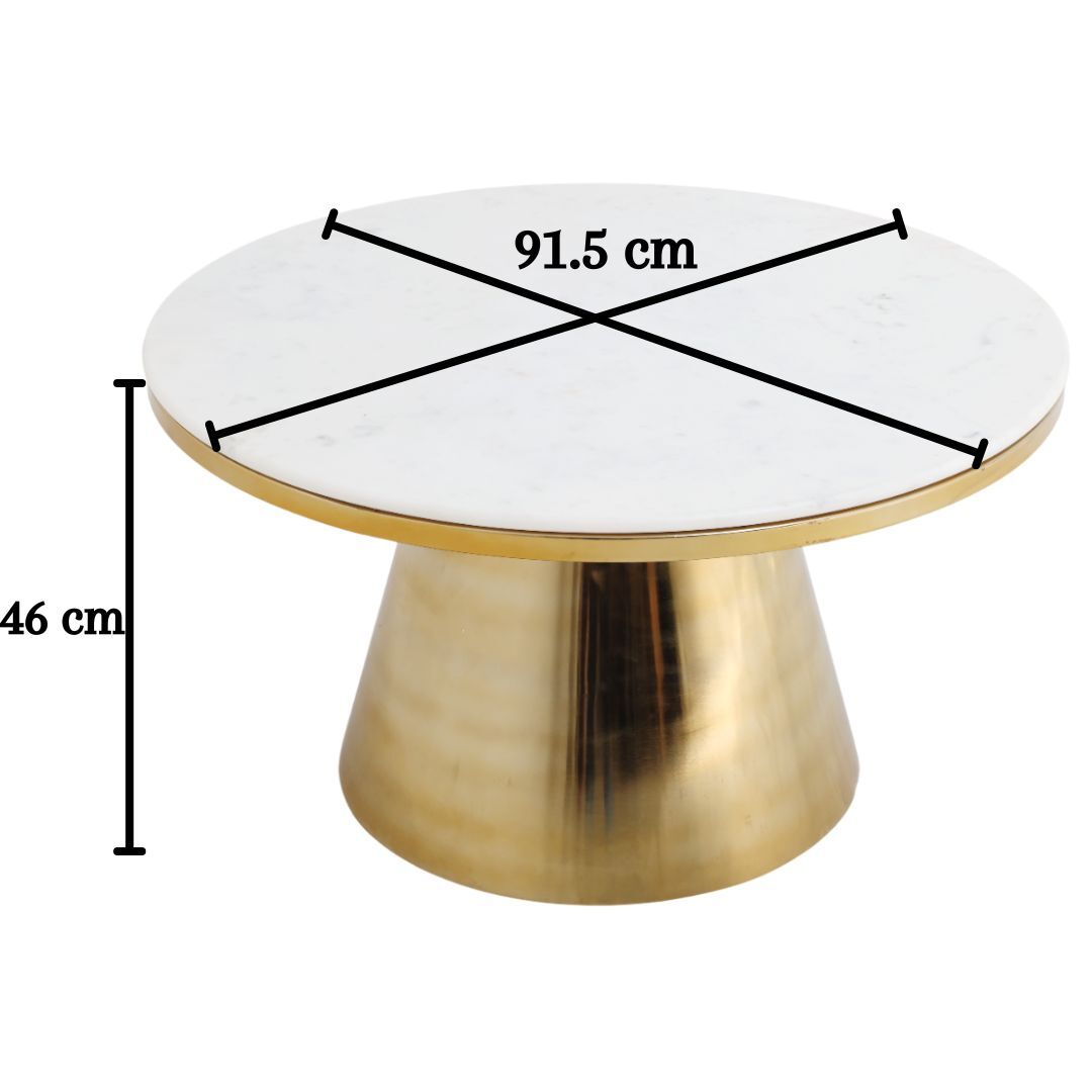 The RAMSHA HOME Aurelia Luxe Marble & Iron Accent Table AD25-27 features a white marble top, gold metallic base, and round design measuring 91.5 cm in diameter and 46 cm high, with black lines marking its exact dimensions.