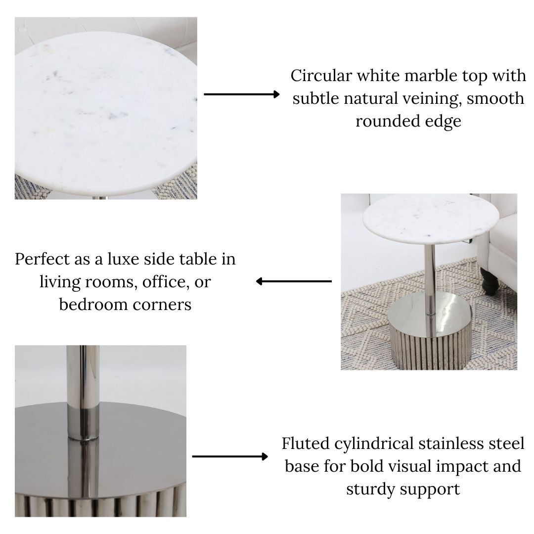 The Luna Polished Marble & Steel Side Table from RAMSHA HOME features a round white marble top with natural veining and smooth edges, plus a fluted stainless steel base—perfect for stylish support in living rooms, offices, or bedrooms.