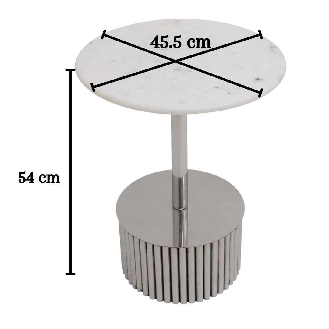 The Luna Polished Marble & Steel Side Table by RAMSHA HOME features a white marble top (45.5 cm diameter) and a silver cylindrical base, measuring 54 cm tall—an elegant addition to any modern space.