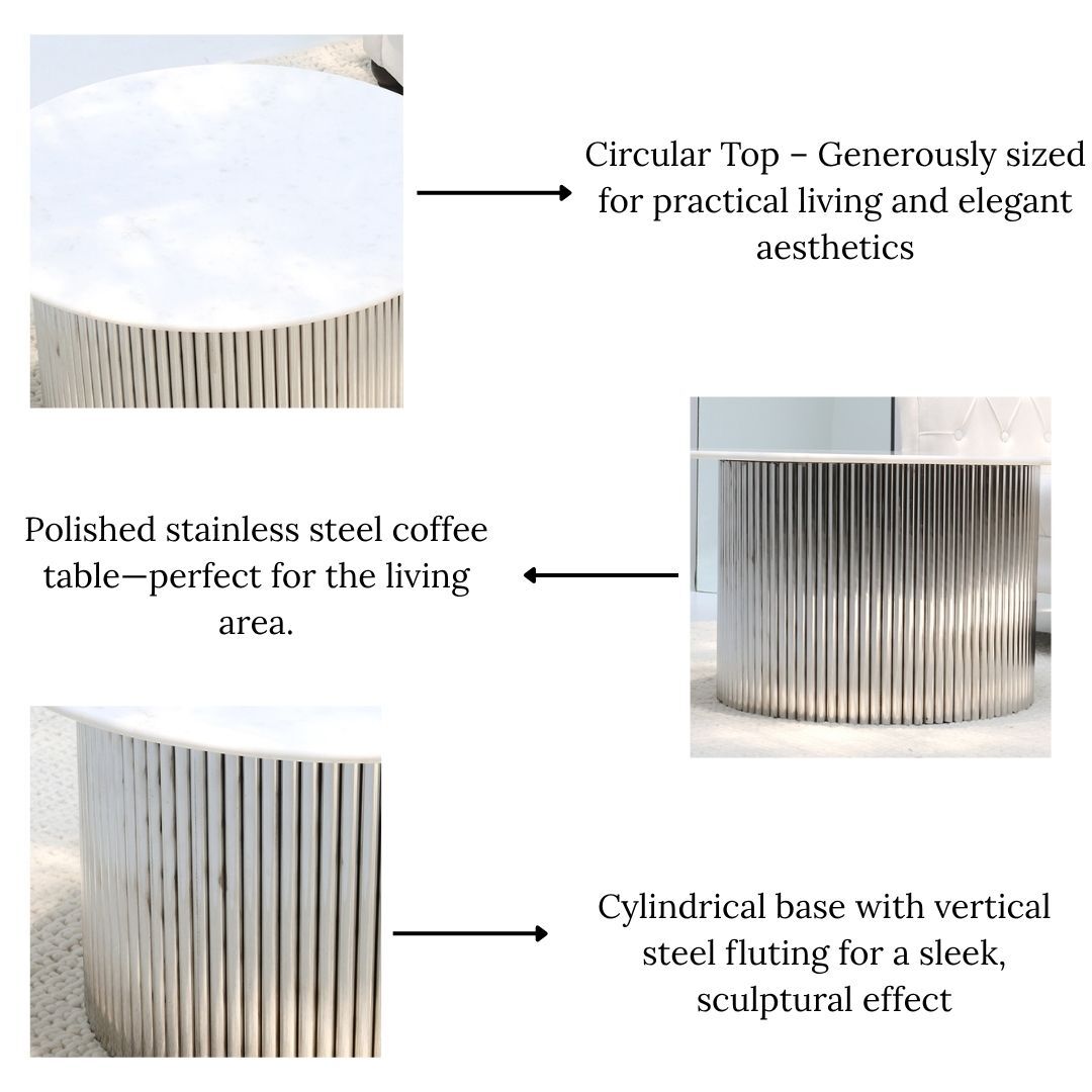 The RAMSHA HOME Luna Polished Marble & Steel Coffee Table features a round white gloss marble top and a cylindrical base with vertical stainless steel fluting—elegant, practical, and perfect for modern living spaces.