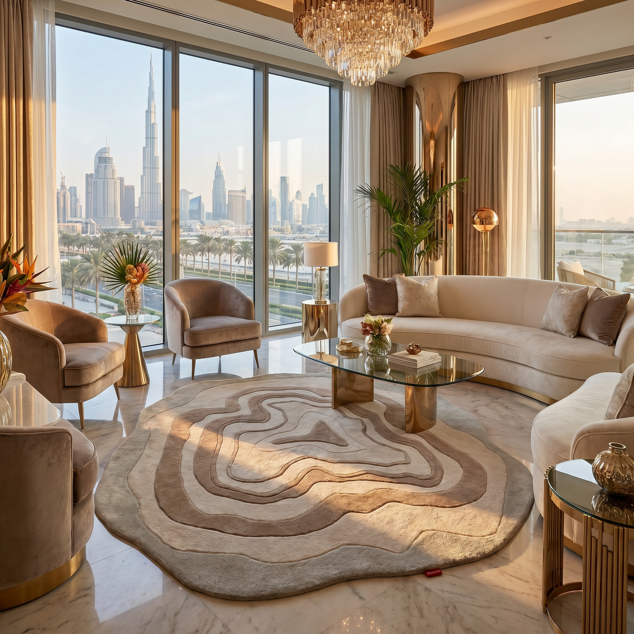 Luxurious living room with modern beige and gold furniture, a RAMSHA HOME Designer Freeform Handmade Rug HTWV-200, glass coffee table, lush plants, and floor-to-ceiling windows showcasing a sunset city skyline view with the Burj Khalifa.