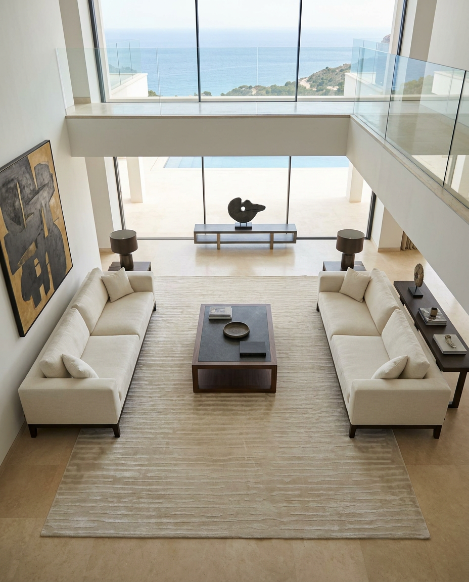 A modern living room features two beige sofas arranged opposite one another, a square coffee table at the center, abstract artwork on the wall, and expansive windows framing an ocean view. Minimalist décor in neutral tones is elevated by the RAMSHA HOME Home Decor Handmade Area Rug - HTV 17, which adds subtle texture and warmth to the space.