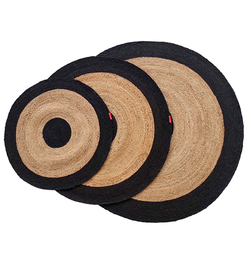 The RAMSHA HOME Braided Rug Jute Carpet BR-003 set features three round rugs in varying sizes, each with a natural beige center and thick black border—stylish jute rugs perfect for bedrooms or living rooms.