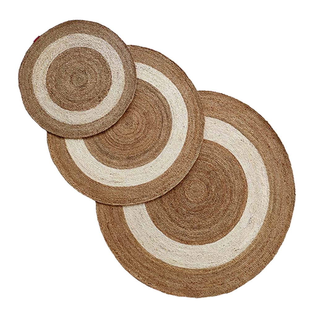 Three overlapping RAMSHA HOME Jute Rug Natural And Bleach Round Carpets (BR-008) feature concentric circles with alternating natural brown and off-white rings in varying sizes.