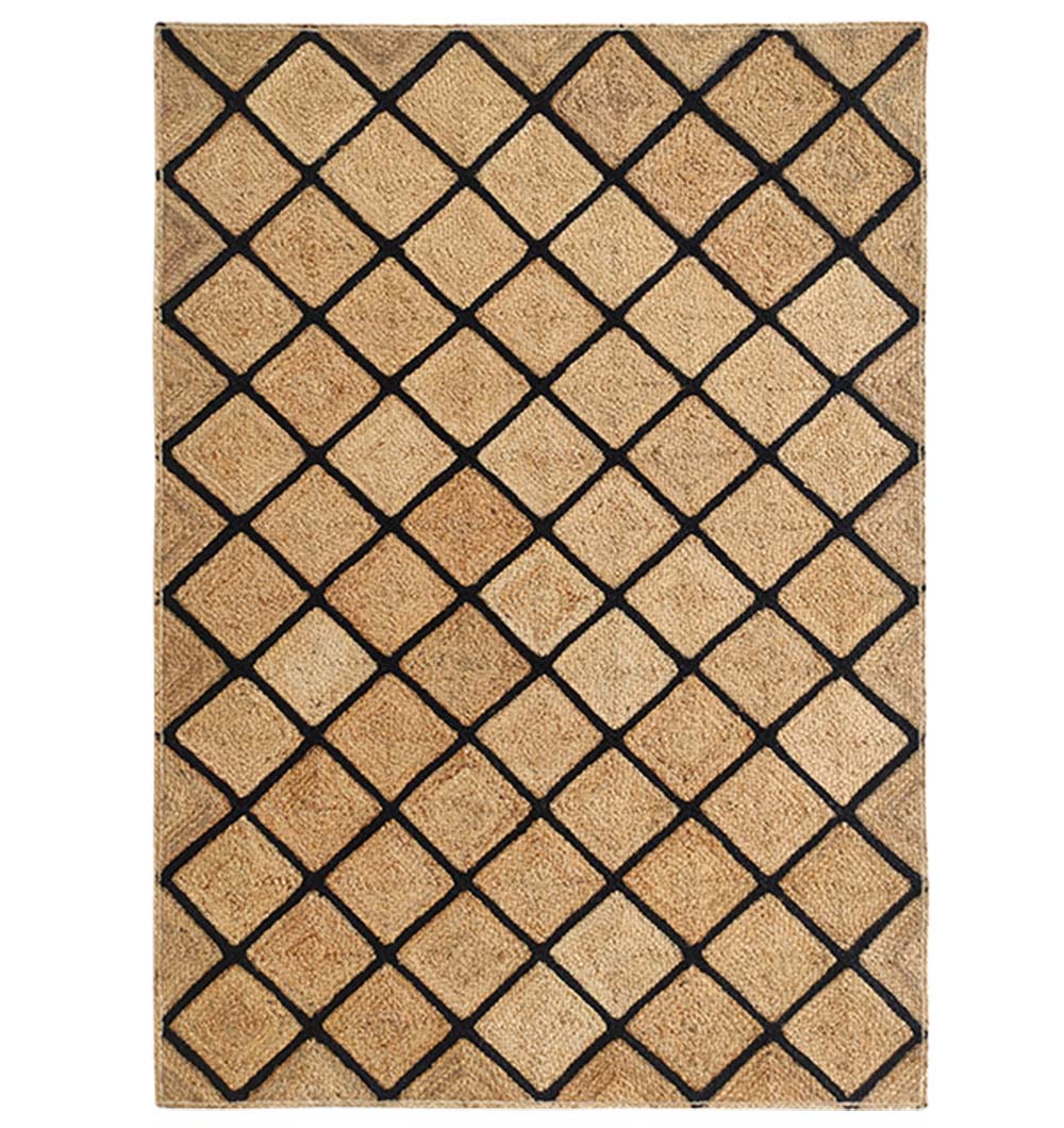 The RAMSHA HOME Jute Rectangular Rug Natural And Black BR-034 features a tan surface with a black geometric diamond grid, offering stylish elegance inspired by classic jute rug patterns.
