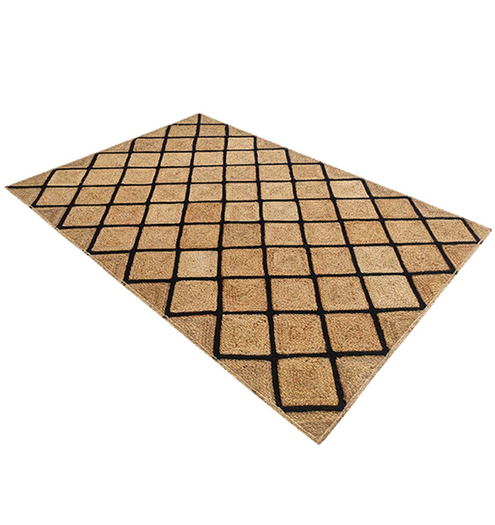 The RAMSHA HOME Jute Rectangular Rug Natural And Black BR-034 features a tan jute surface with a black geometric grid creating diamond and square patterns, displayed on a white background.