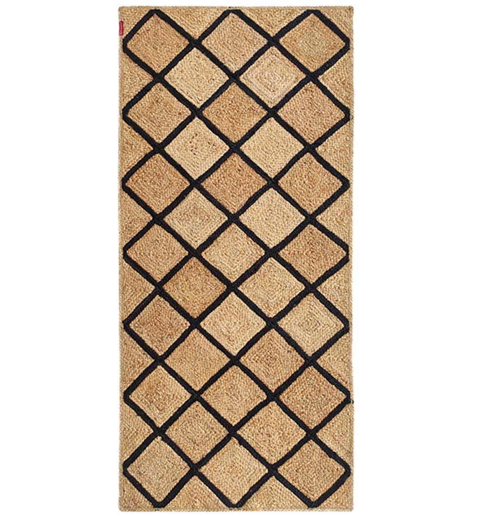 The RAMSHA HOME Jute Rectangular Rug Natural And Black BR-034 features a tan jute base with bold black diagonal lines forming a striking diamond grid pattern.