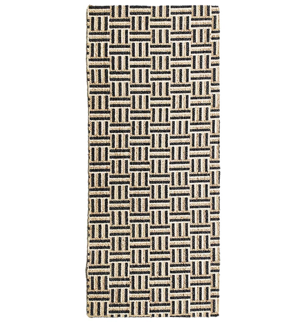 The RAMSHA HOME Jute Printed Rug Area rug BR-039 showcases interlocking black and beige rectangles in a grid design, crafted from woven jute for a modern yet natural accent.