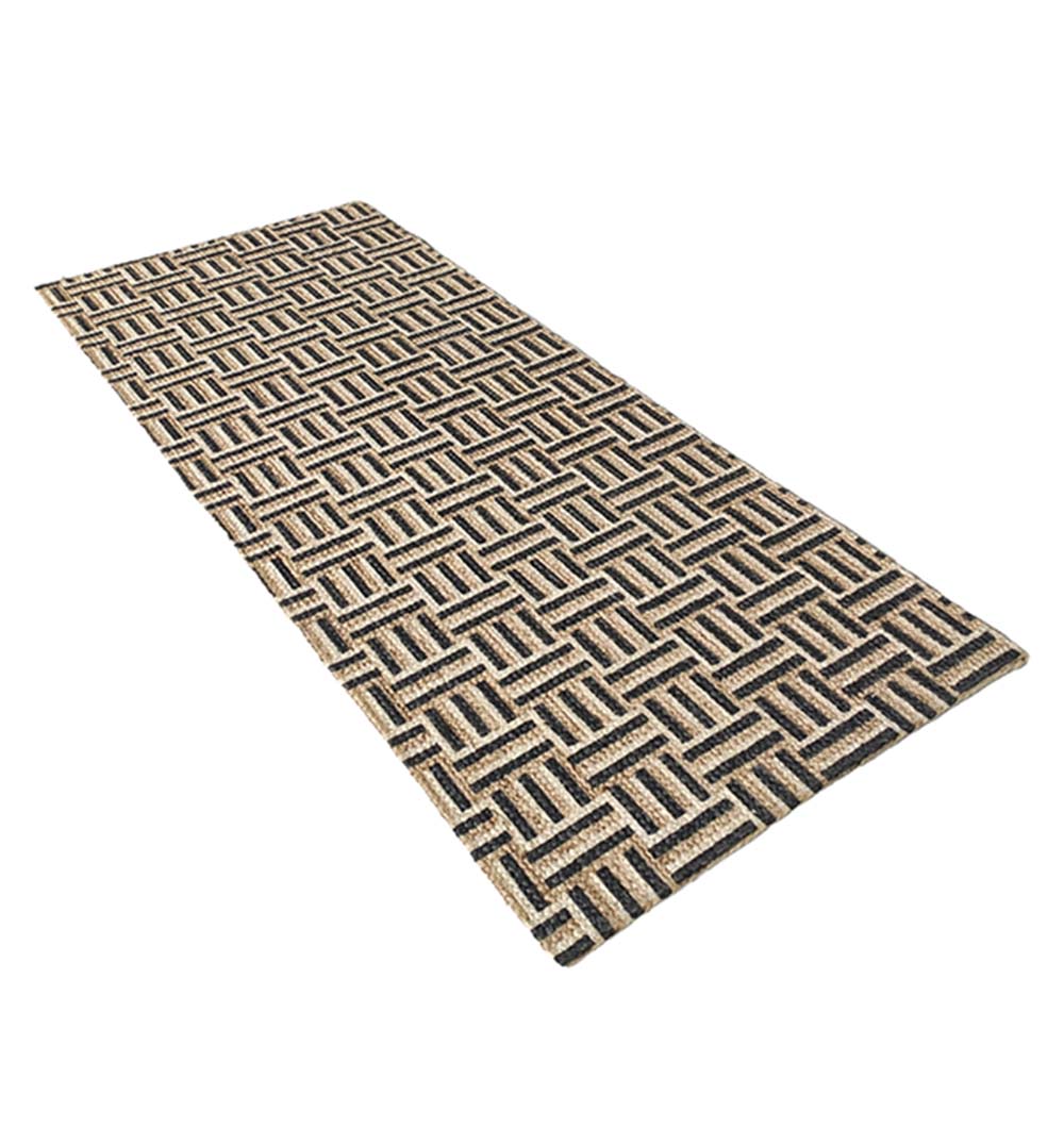 The RAMSHA HOME Jute Printed Rug Area rug BR-039 showcases overlapping squares in beige, brown, and black. This rectangular woven rug, shown angled on a white background, brings a modern flair to your space.