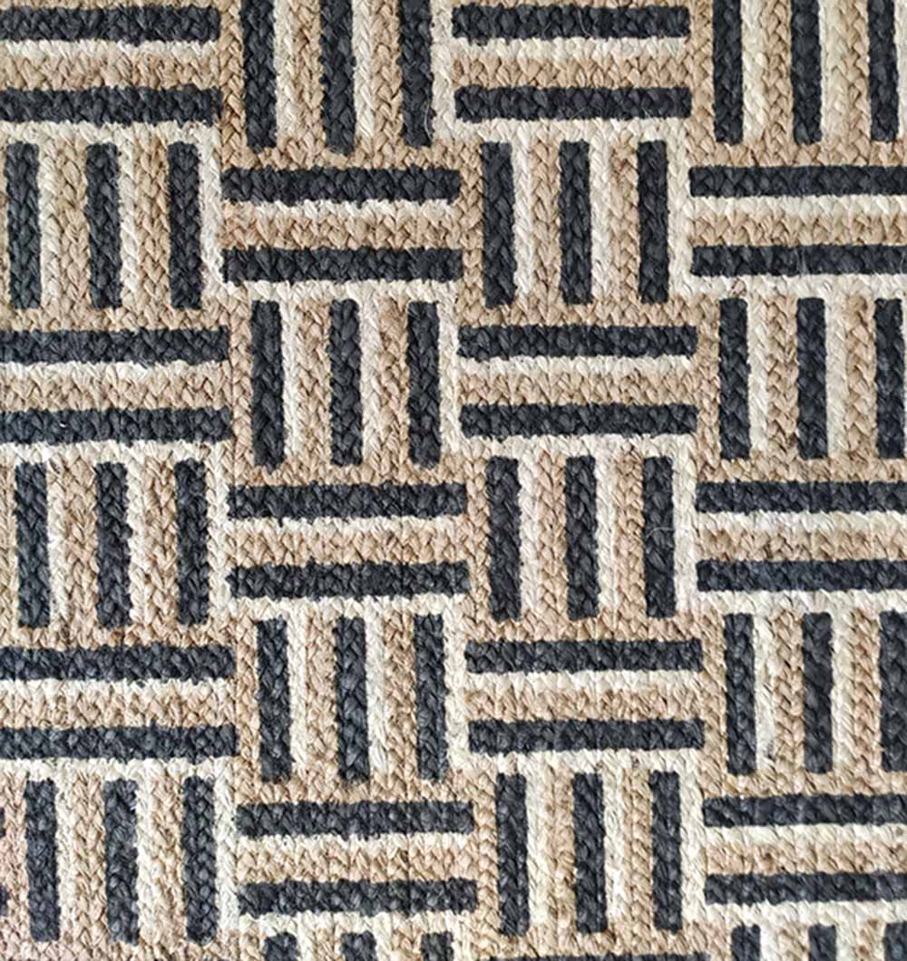 The RAMSHA HOME Jute Printed Rug Area rug BR-039 features a geometric grid of rectangles and squares with vertical and horizontal stripes in brown, tan, and black tones.