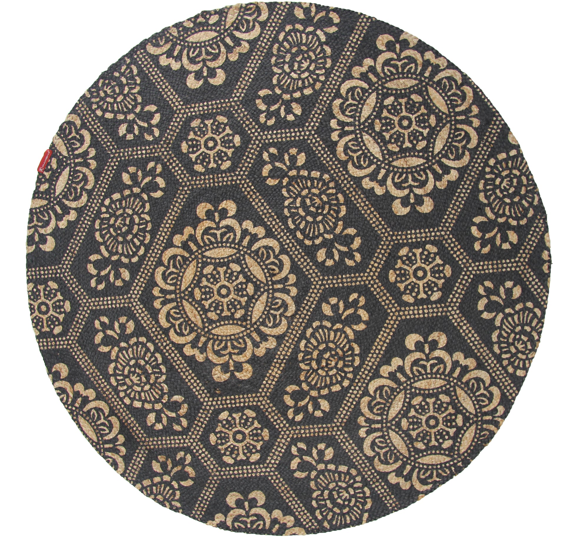 The RAMSHA HOME Jute Natural Rug Round BR-066 (90 cm) features a brown color and showcases an intricate design with floral and geometric accents, adding elegance to any room.