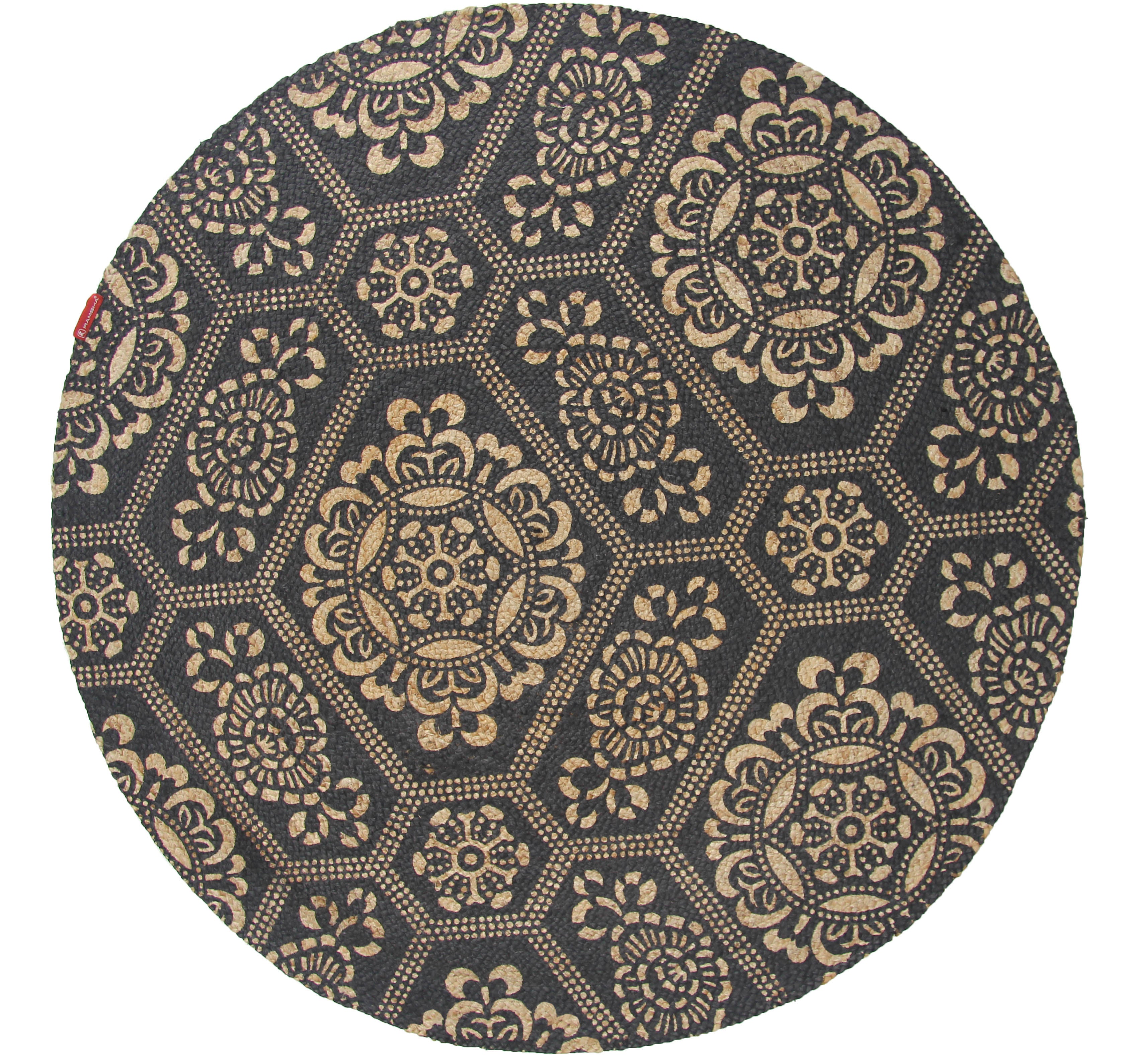 The RAMSHA HOME Jute Natural Rug Round BR-066 (90 cm) features a brown color and showcases an intricate design with floral and geometric accents, adding elegance to any room.