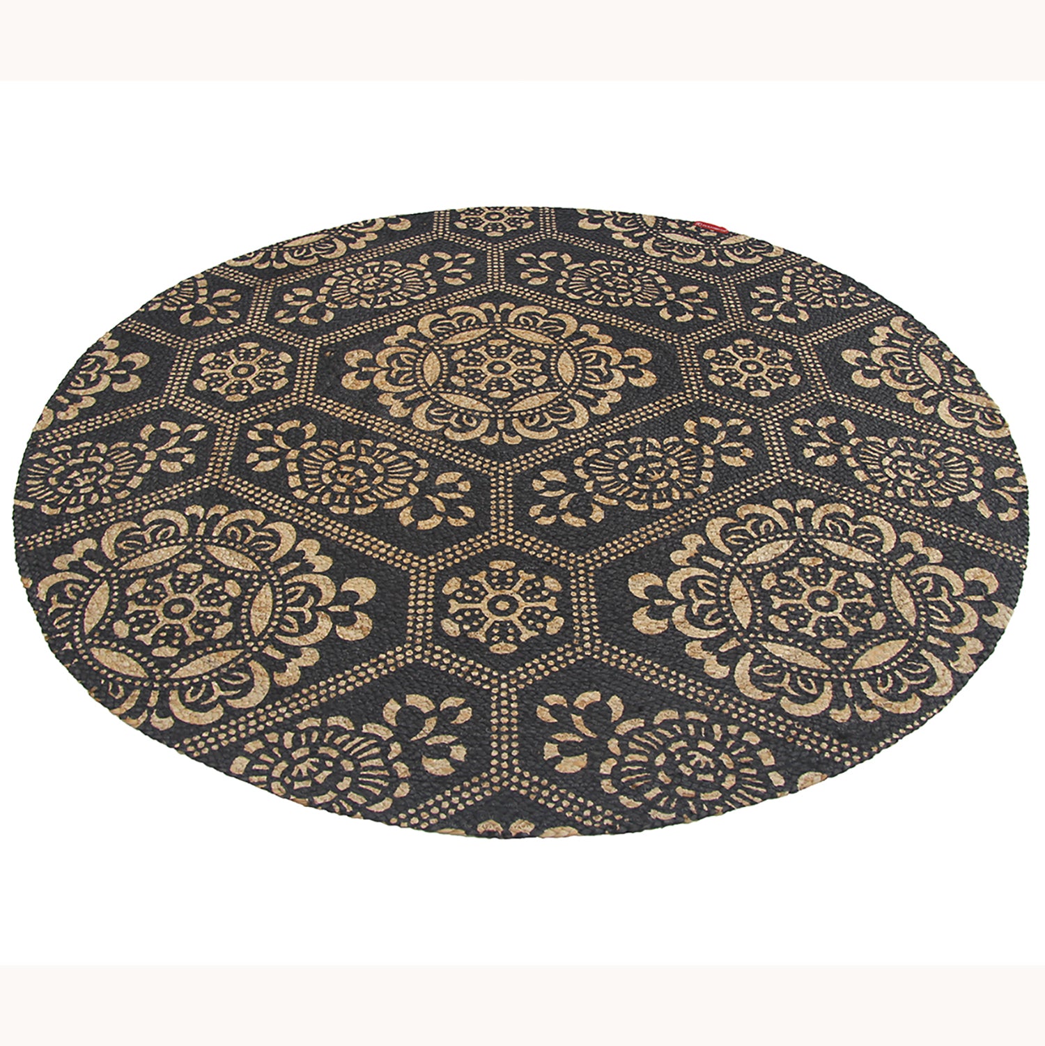 The RAMSHA HOME Jute Natural Rug Round BR-066 (90 cm) in brown features a repeating geometric and floral hexagon design, perfect for adding warmth and style to any space.
