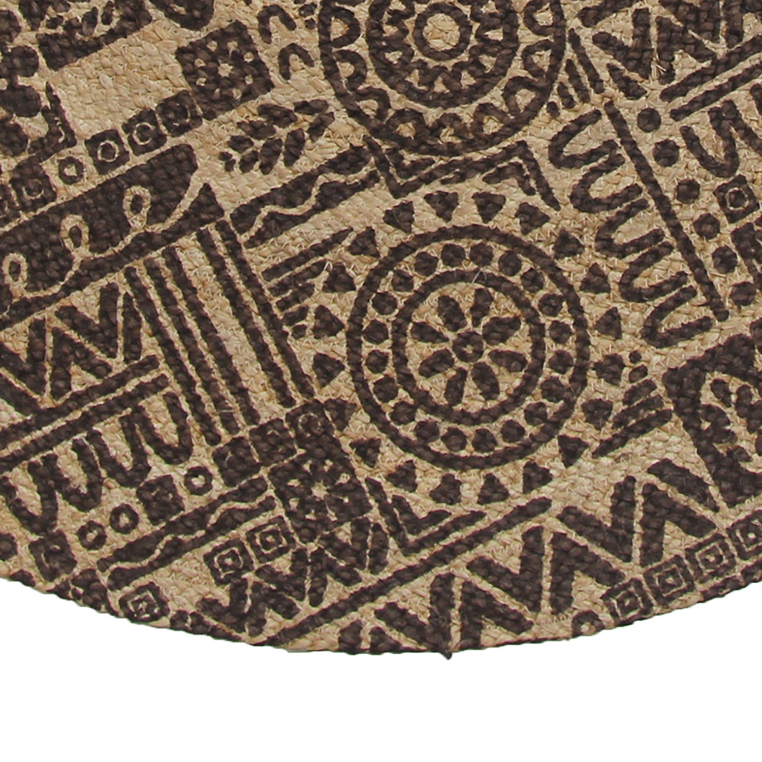 The RAMSHA HOME Jute Natural Rug Round BR-067 (90 cm) in brown features intricate black geometric, circular, and linear patterns on a tan background in bold, symmetrical designs.