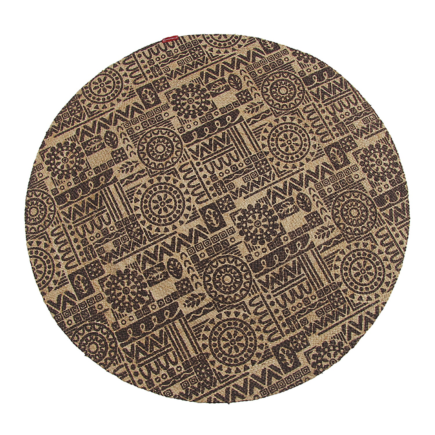 The RAMSHA HOME Jute Natural Rug Round BR-067 (90 cm) features a detailed brown geometric and floral pattern on a beige background, bringing natural elegance to any space.