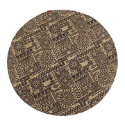 The RAMSHA HOME Jute Natural Rug Round BR-067 (90 cm) features a detailed brown geometric and floral pattern on a beige background, bringing natural elegance to any space.